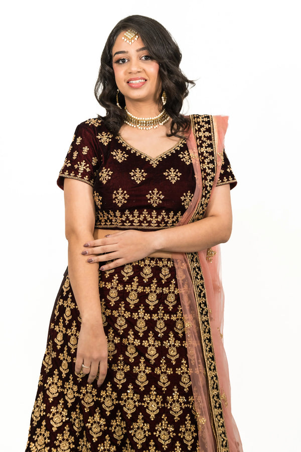 Maroon Soft Velvet lehenga (Outside Ontario) - MyEthnikRentals