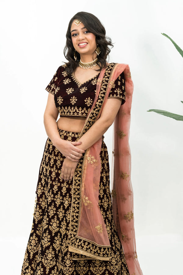 Maroon Soft Velvet lehenga (Outside Ontario) - MyEthnikRentals