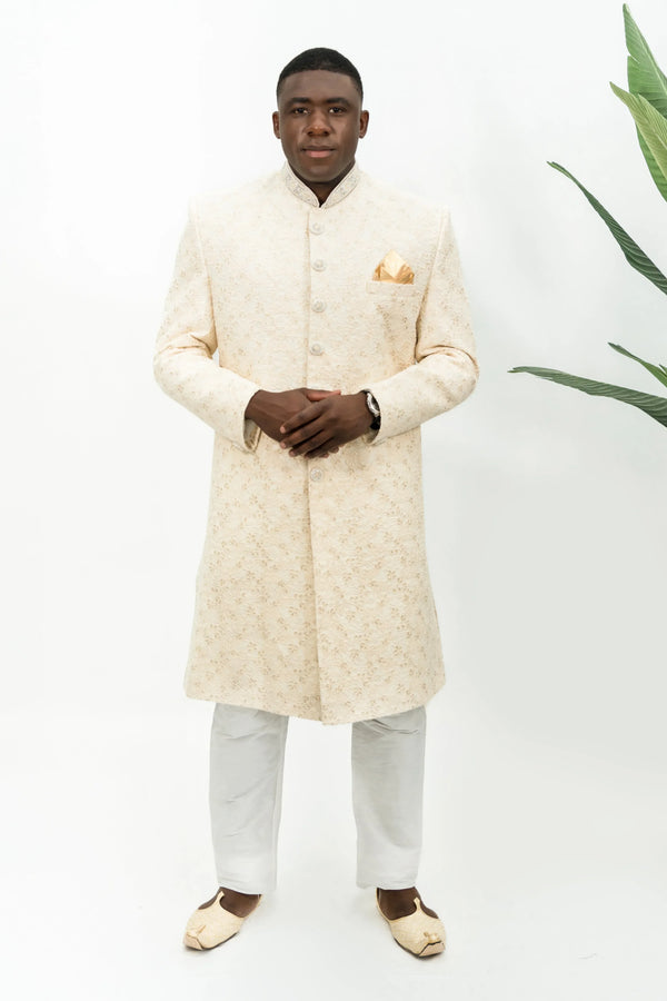Cream Peach Floral Embroidered Sherwani - MyEthnikRentals