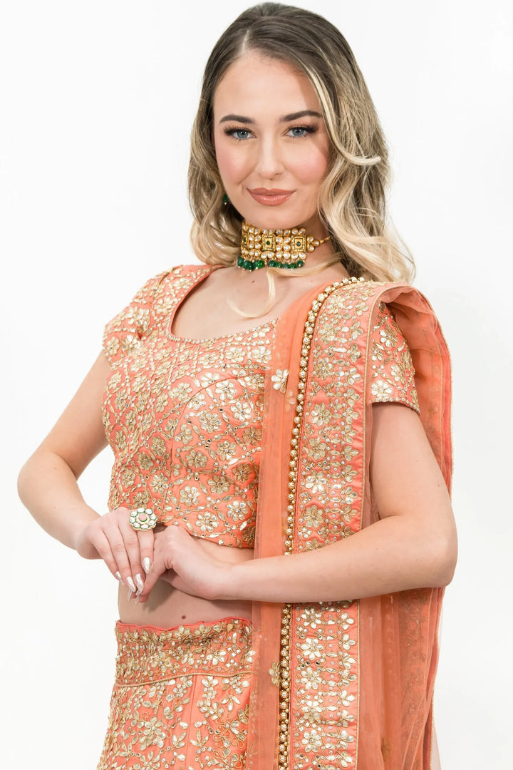 Peach Pink Gota Lehenga - MyEthnikRentals