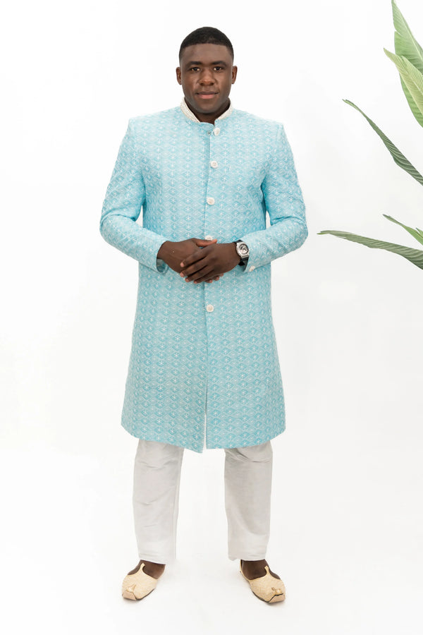ICY BLUE EMBROIDERED SHERWANI - MyEthnikRentals