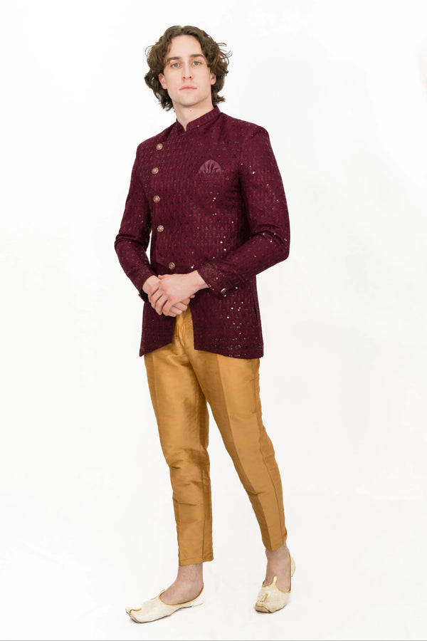Maroon Embroidered Indo-western Set - MyEthnikRentals