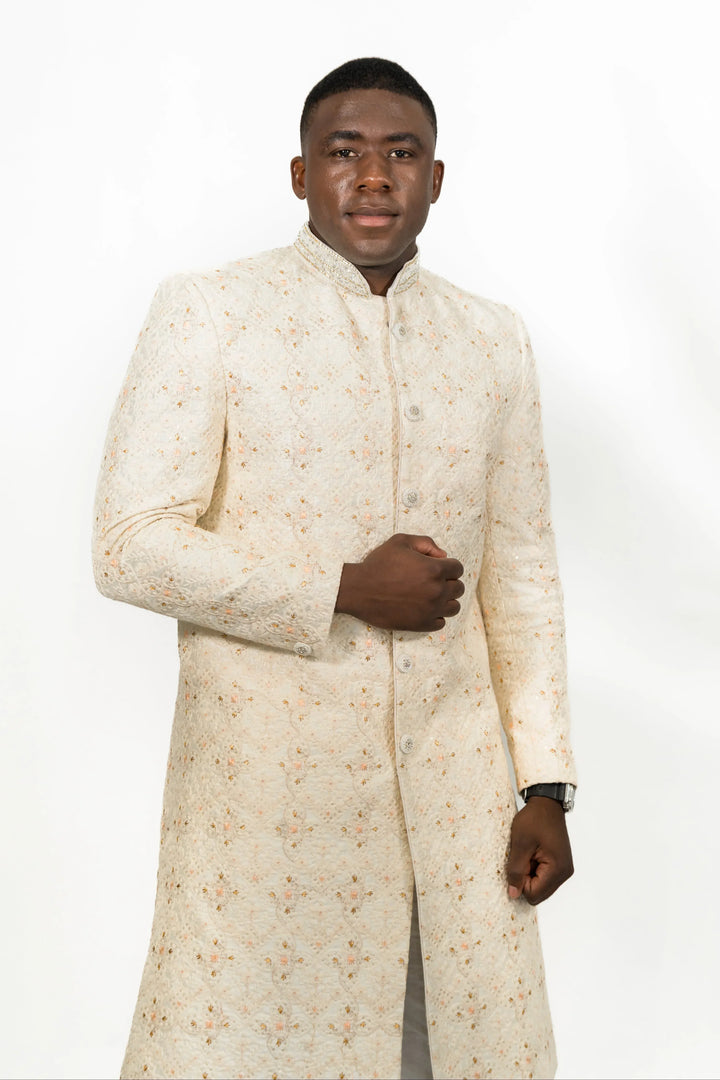 Cream Peach Floral Embroidered Sherwani (Outside Ontario) - MyEthnikRentals