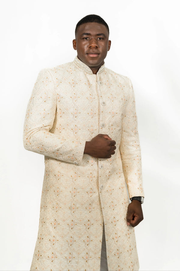 Cream Peach Floral Embroidered Sherwani - MyEthnikRentals