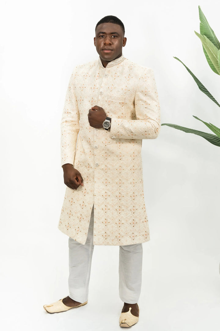 Cream Peach Floral Embroidered Sherwani (Outside Ontario) - MyEthnikRentals