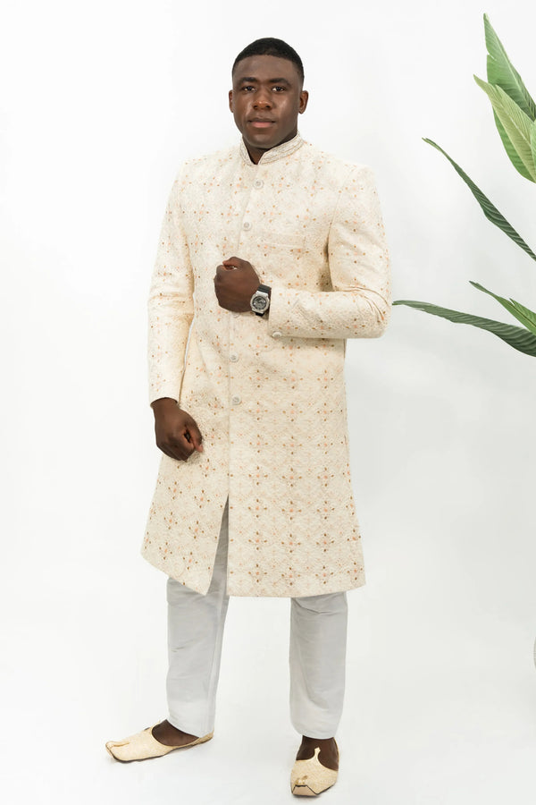 Cream Peach Floral Embroidered Sherwani - MyEthnikRentals