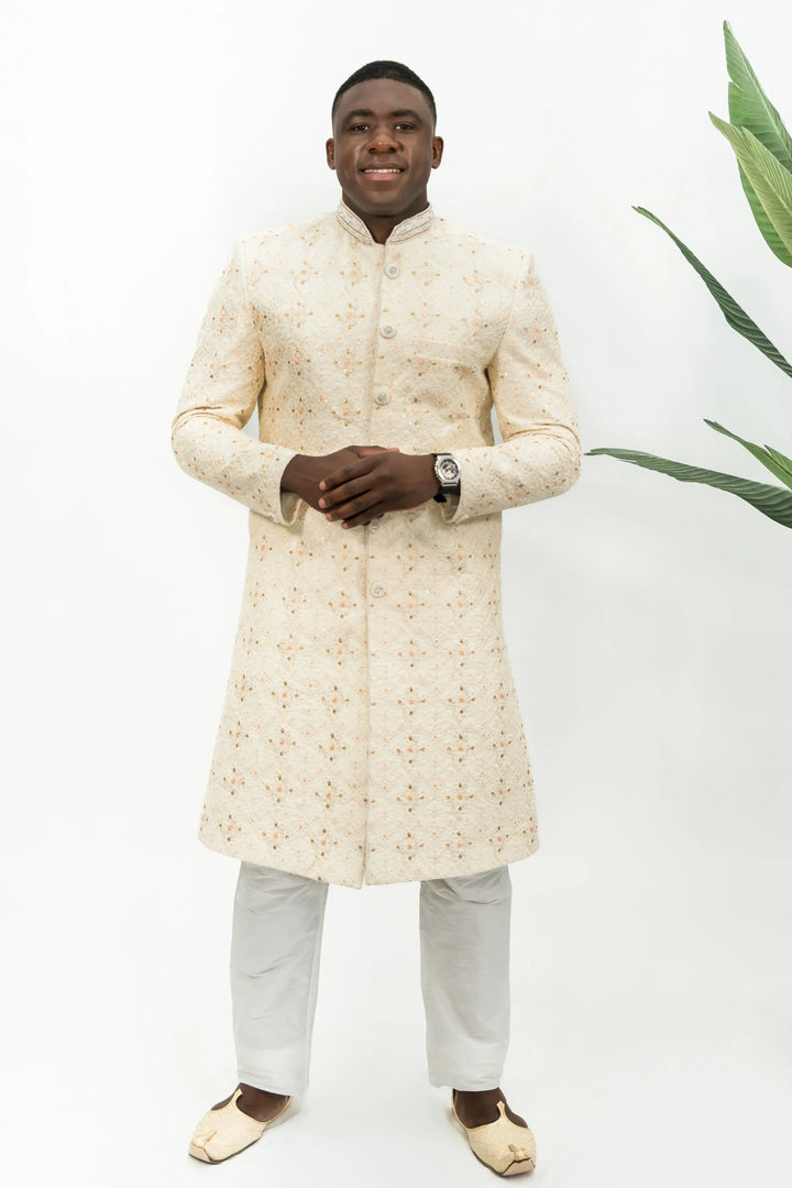 Cream Peach Floral Embroidered Sherwani (Outside Ontario) - MyEthnikRentals