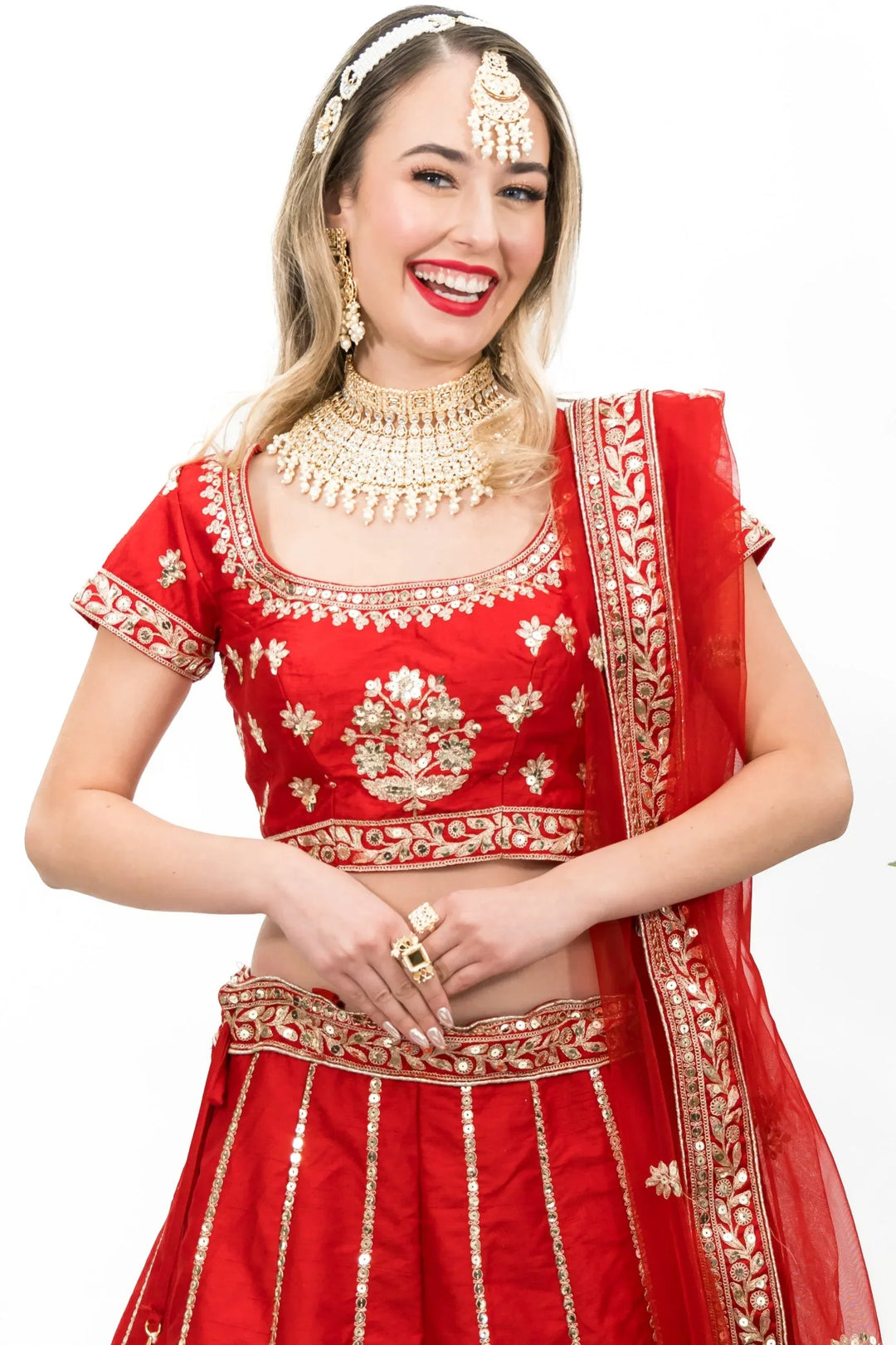 Shakha Pola Red Lehenga - MyEthnikRentals