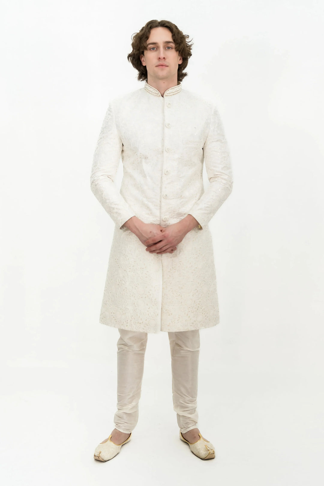 White silver Embroidered Sherwani (Outside Ontario) - MyEthnikRentals