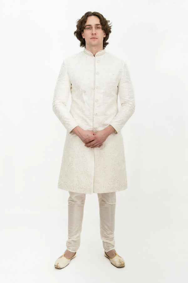 White silver Embroidered Sherwani - MyEthnikRentals