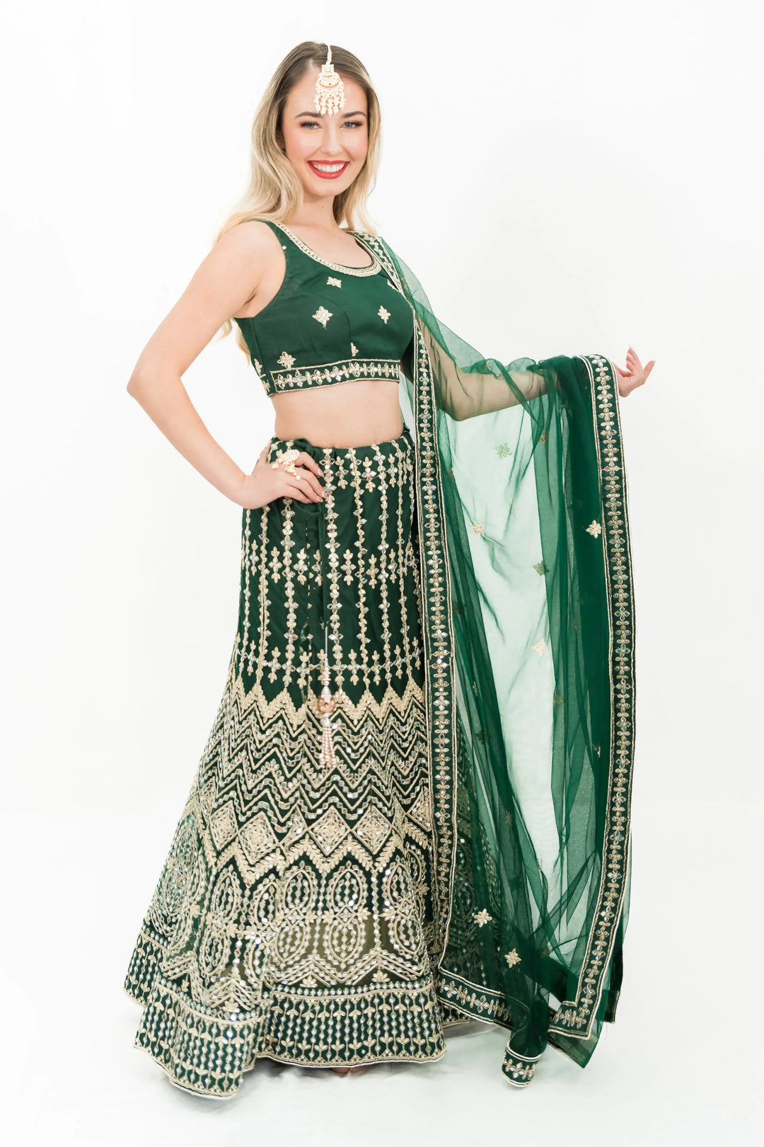 Deep Green Mirror Lehenga (Outside Ontario) - MyEthnikRentals