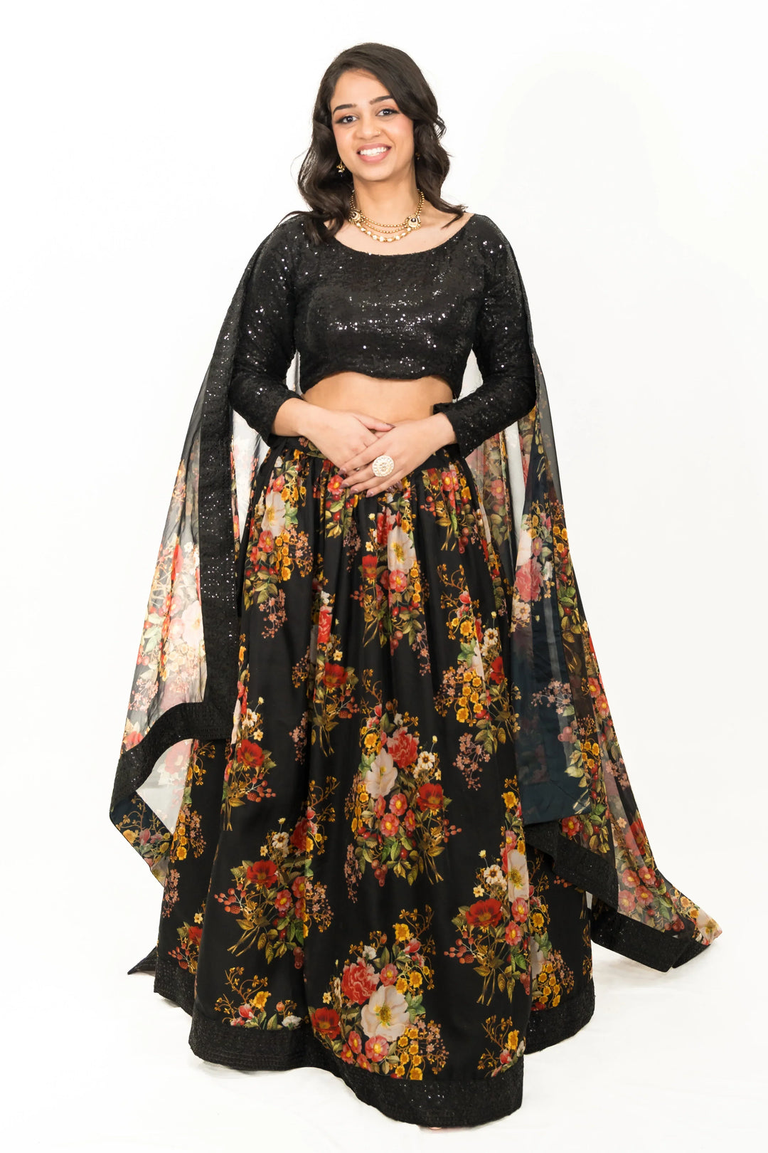 Black Floral Printed Lehenga (Outside Ontario) - MyEthnikRentals