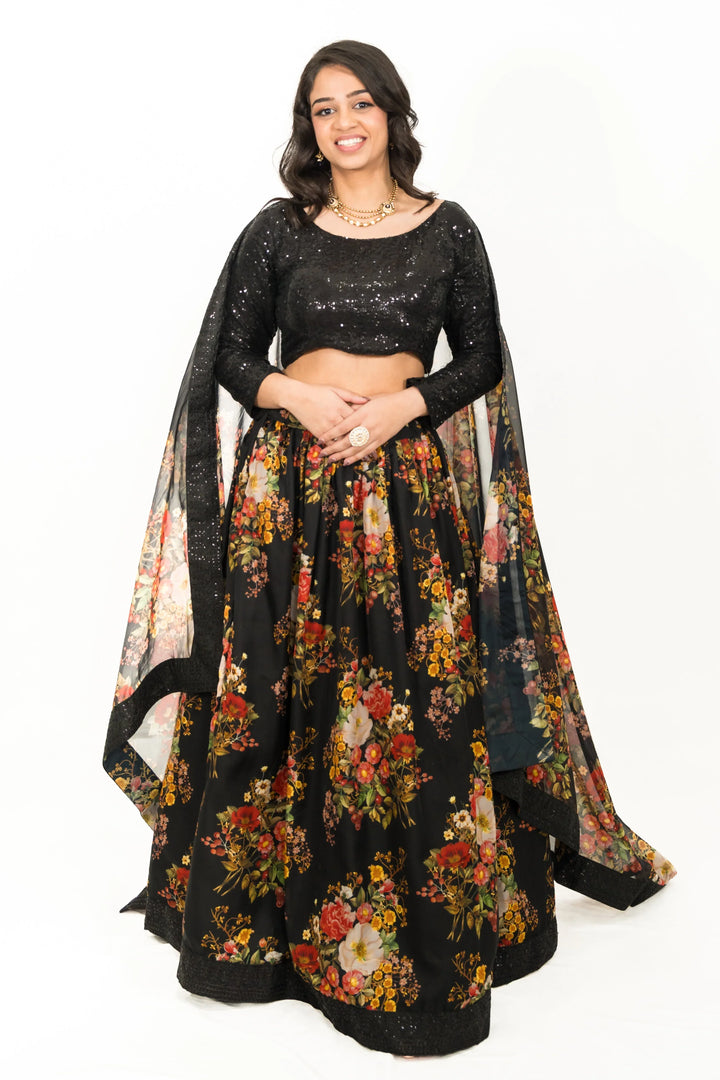 Black Floral Printed Lehenga (Outside Ontario) - MyEthnikRentals
