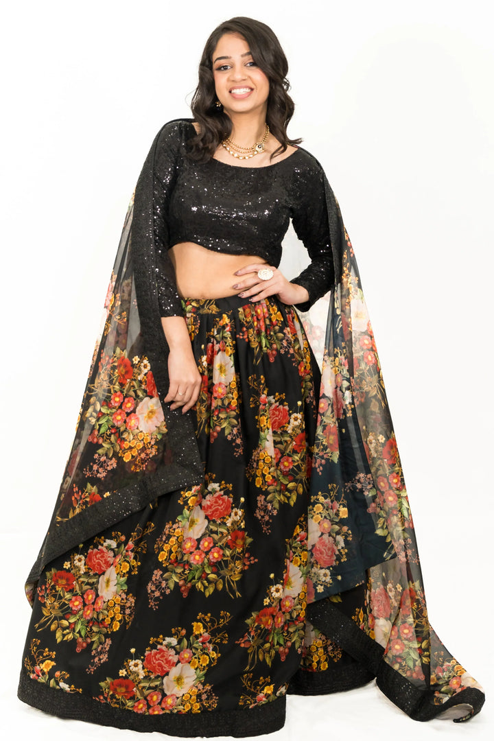 Black Floral Printed Lehenga (Outside Ontario) - MyEthnikRentals