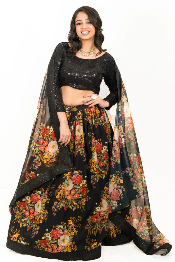 Black Floral Printed Lehenga - MyEthnikRentals