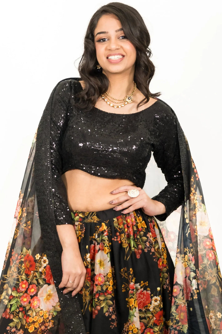 Black Floral Printed Lehenga (Outside Ontario) - MyEthnikRentals