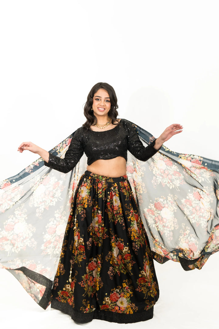 Black Floral Printed Lehenga (Outside Ontario) - MyEthnikRentals