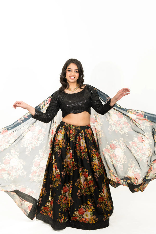 Black Floral Printed Lehenga - MyEthnikRentals