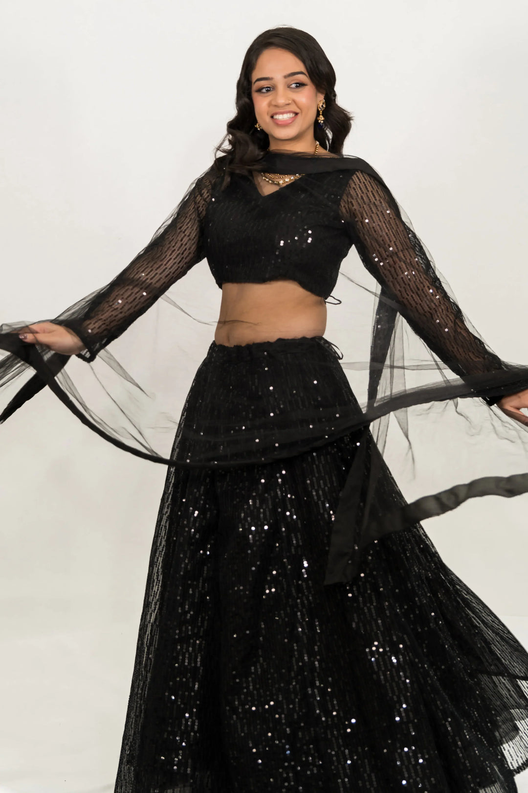 Black Sequined Net Lehenga - MyEthnikRentals