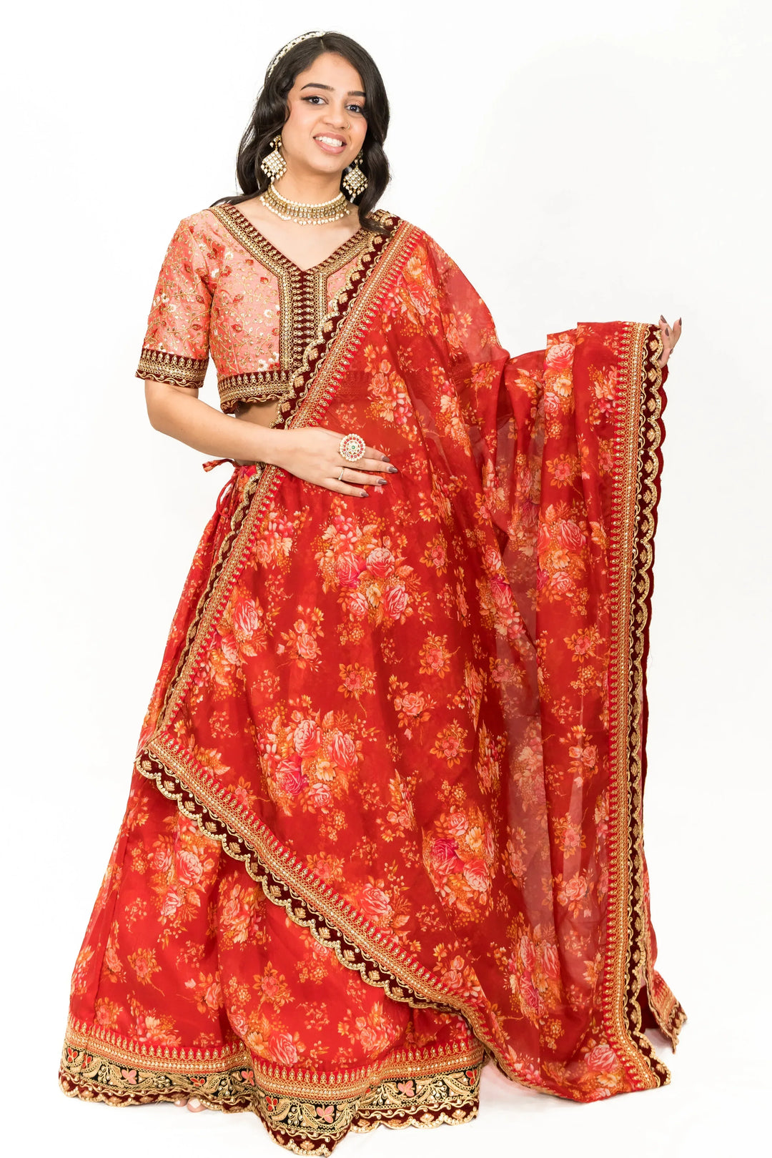 Red Floral Printed Lehenga - MyEthnikRentals