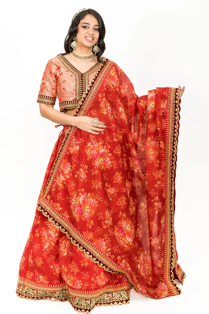 Red Floral Printed Lehenga - MyEthnikRentals