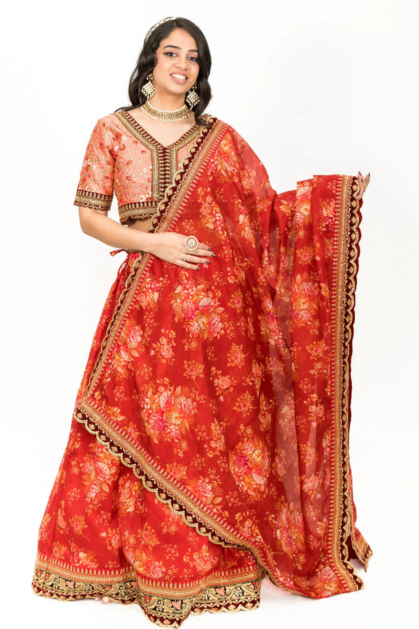Red Floral Printed Lehenga (Outside Ontario) - MyEthnikRentals