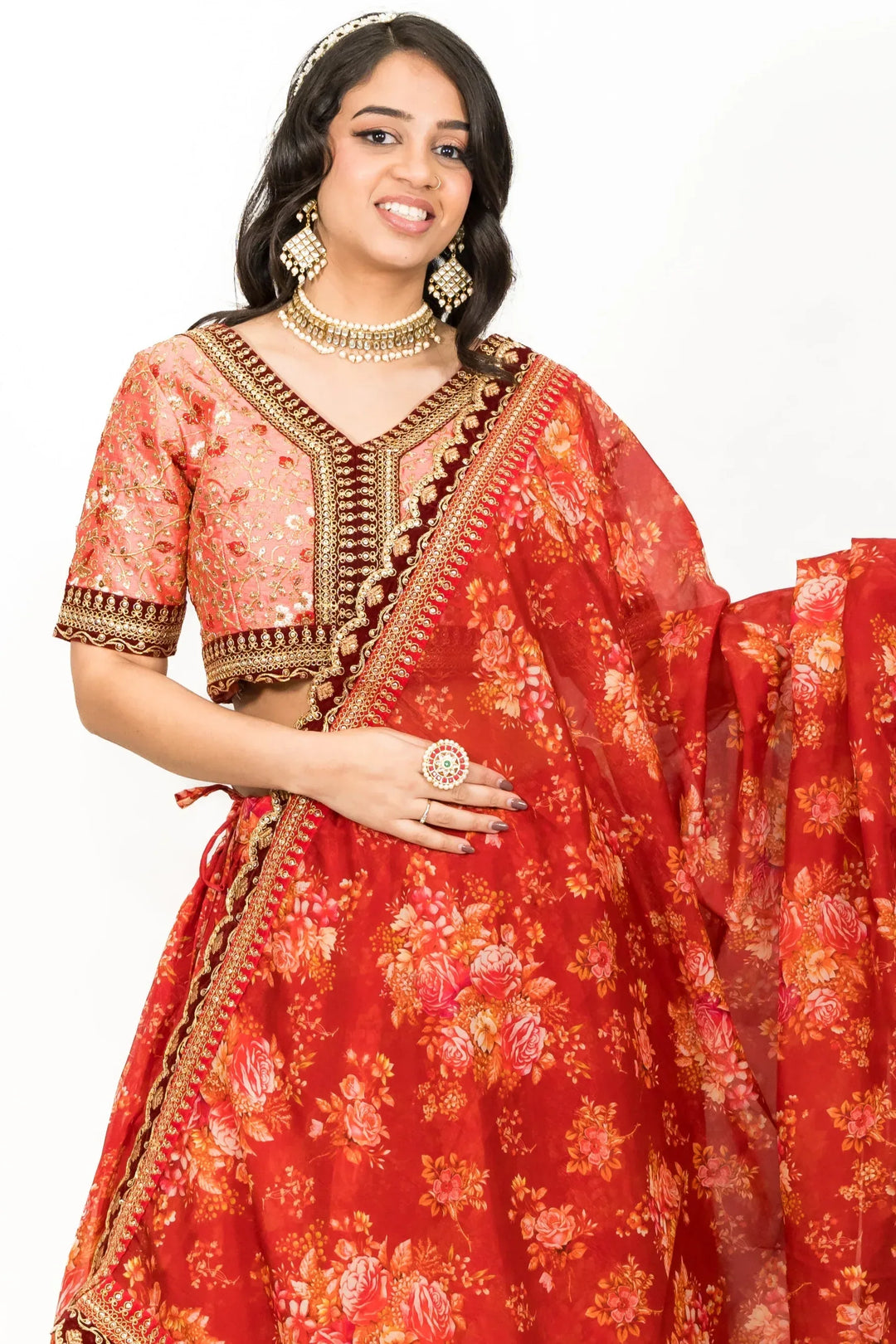 Red Floral Printed Lehenga - MyEthnikRentals