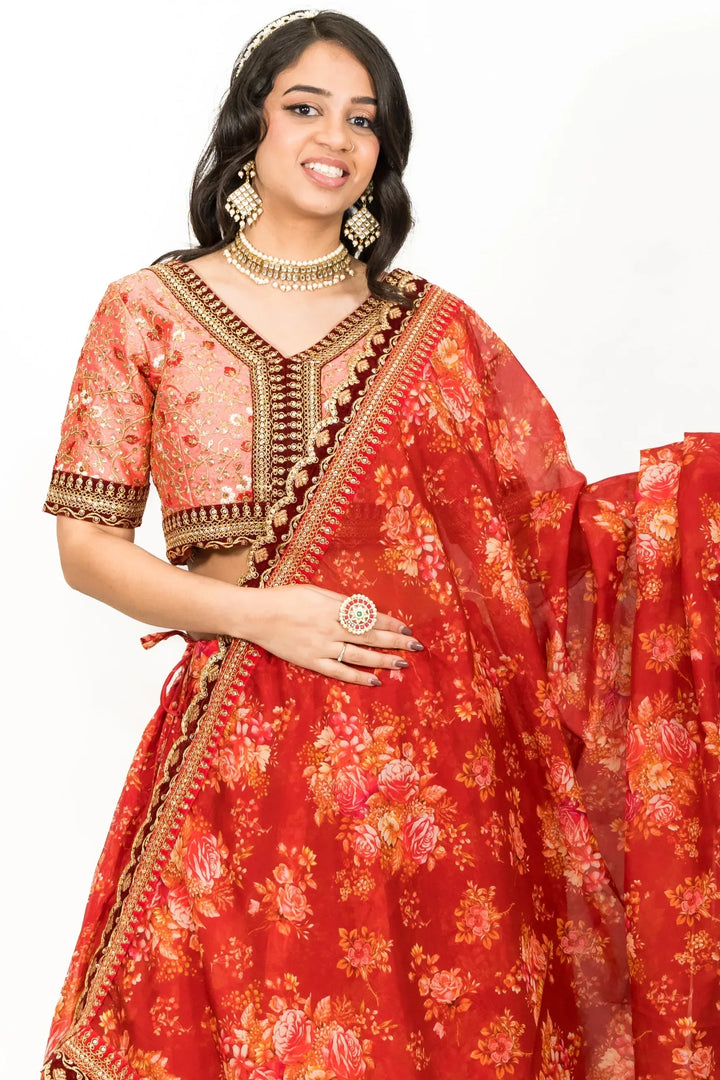 Red Floral Printed Lehenga - MyEthnikRentals