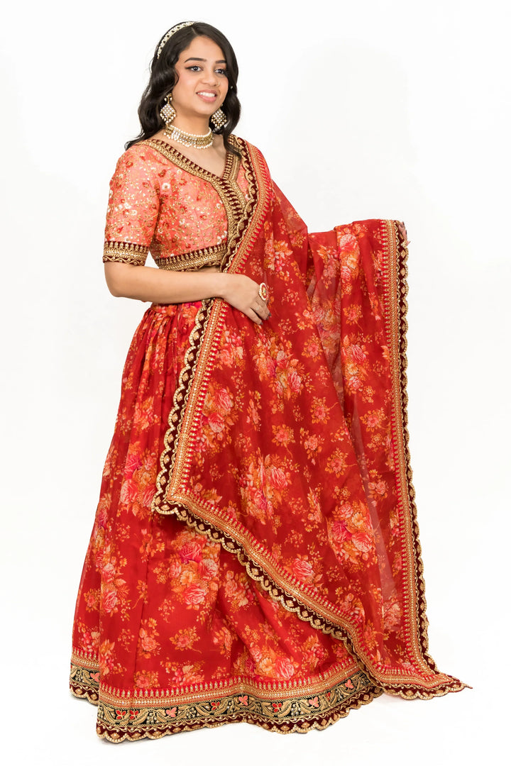 Red Floral Printed Lehenga - MyEthnikRentals