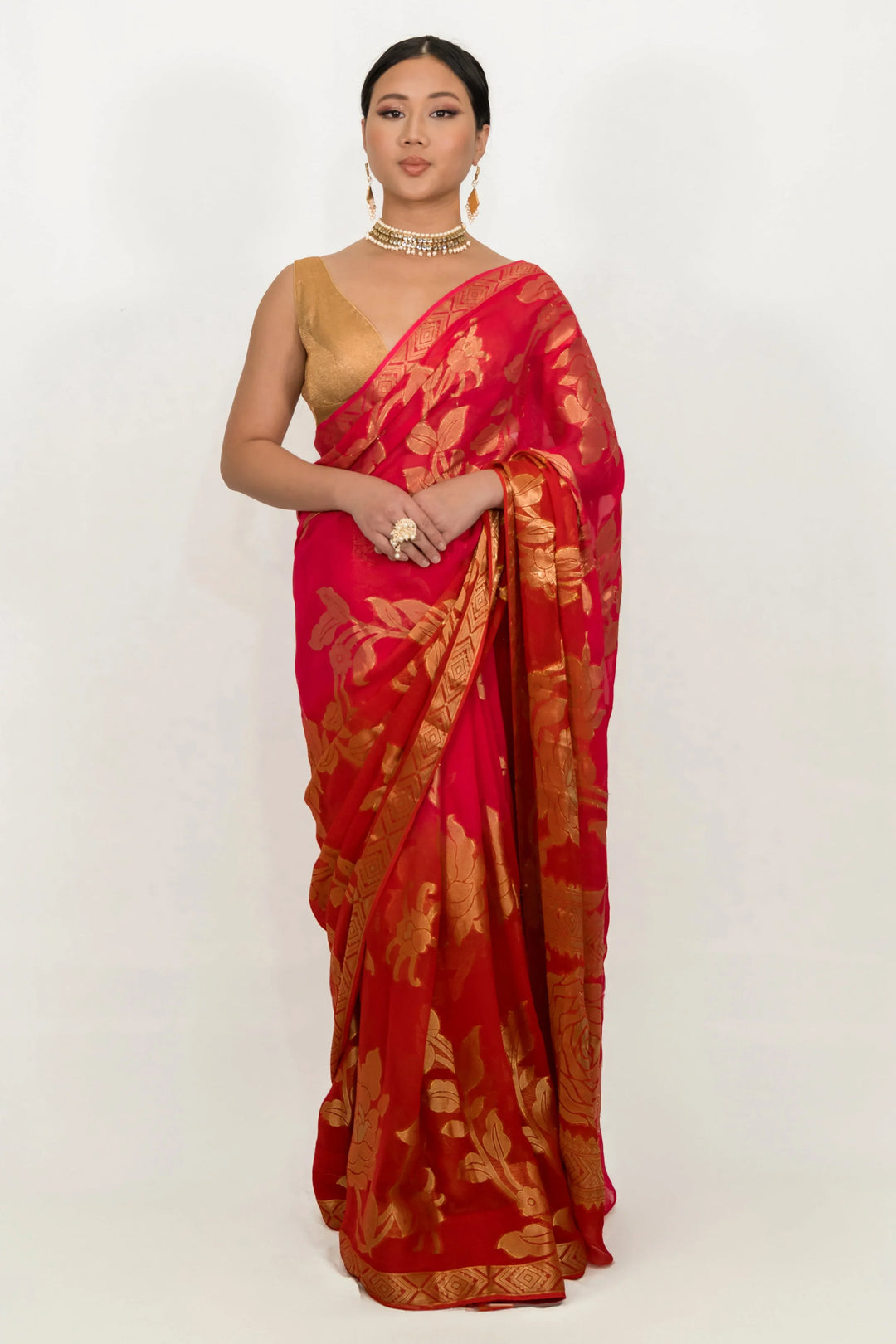 Carrot Red Gerogette Saree - MyEthnikRentals