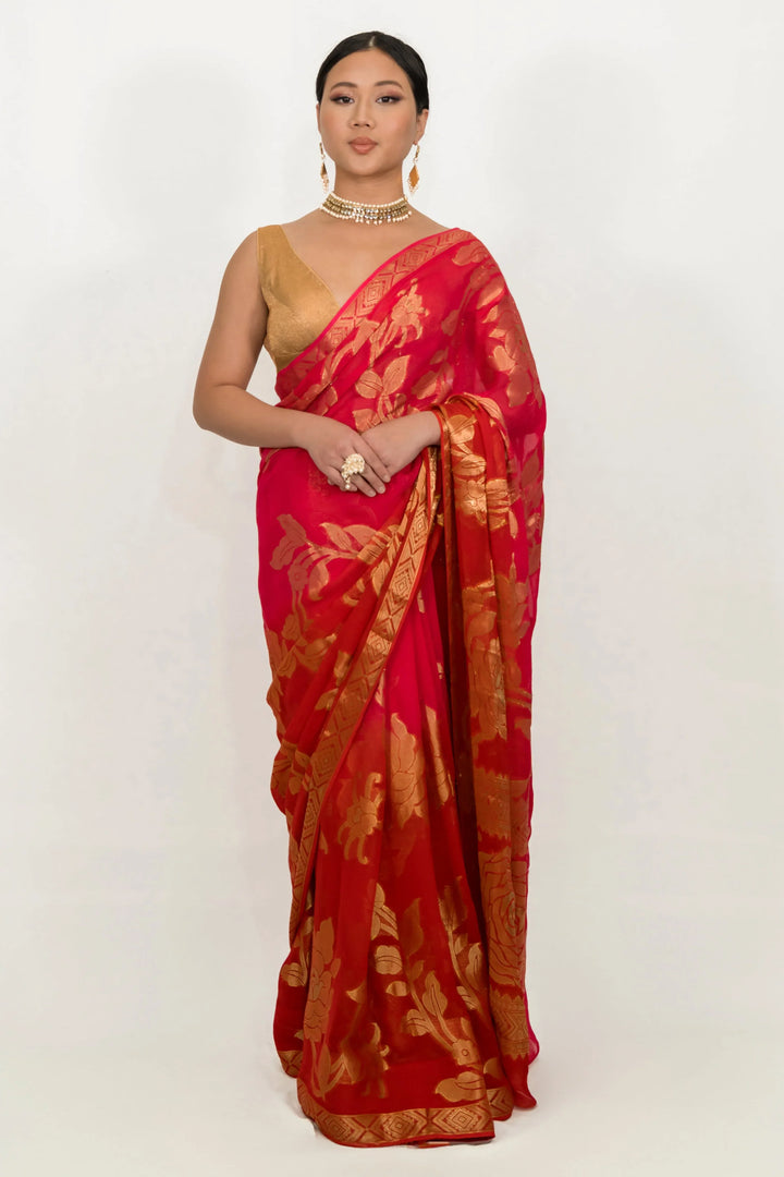 Carrot Red Gerogette Saree - MyEthnikRentals