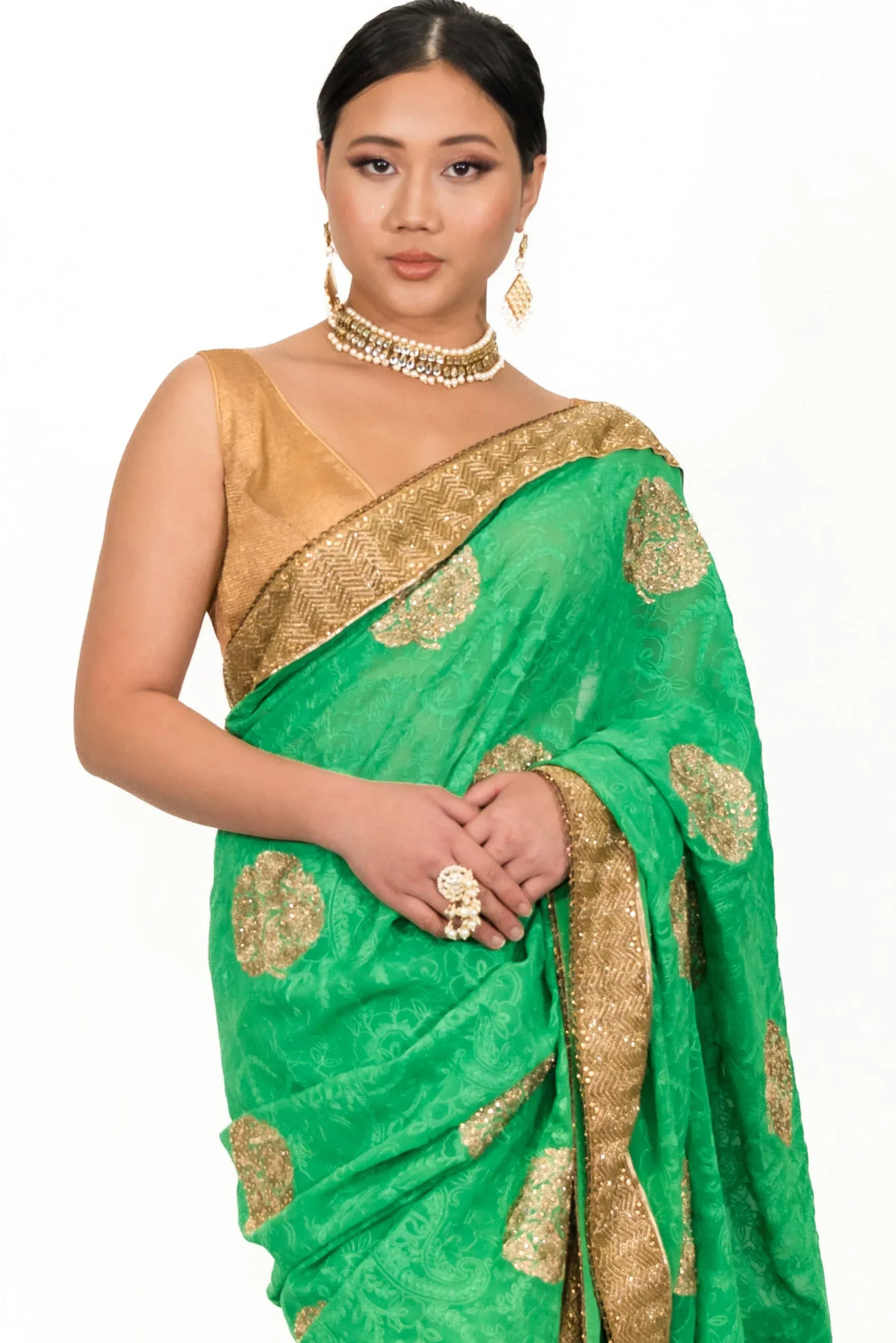 Sage Green Embroidery Saree - MyEthnikRentals