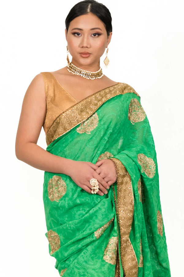 Sage Green Embroidery Saree - MyEthnikRentals