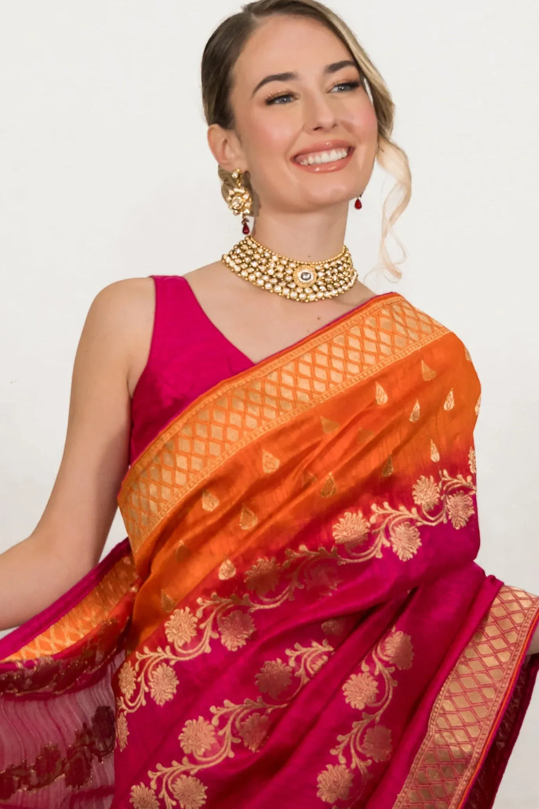 Deep Fuchsia Pink Saree - MyEthnikRentals