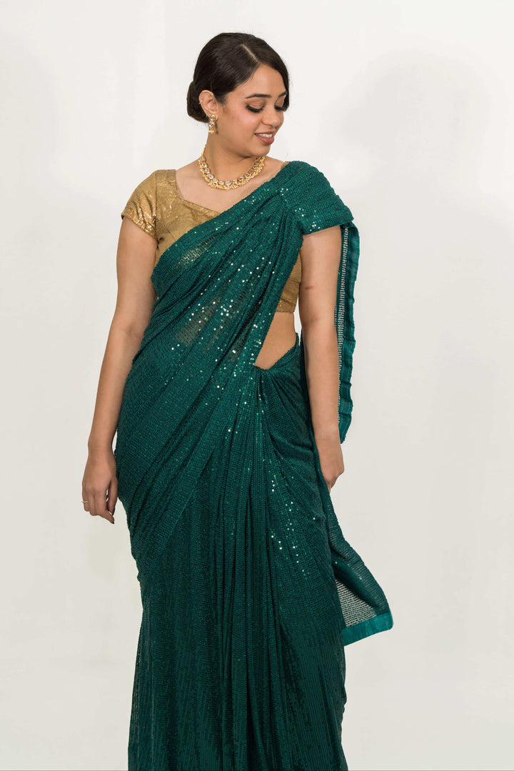 Embroidered Sequins Green Saree (Outside Ontario) - MyEthnikRentals