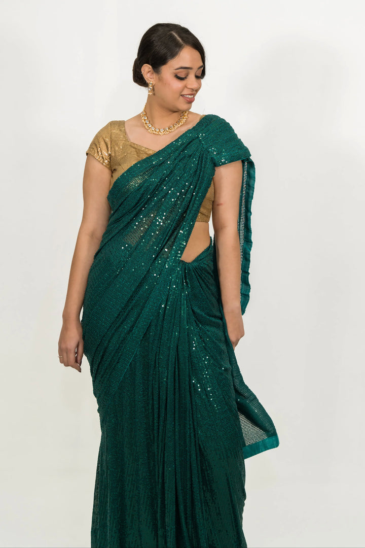 Embroidered Sequins Green Saree - MyEthnikRentals