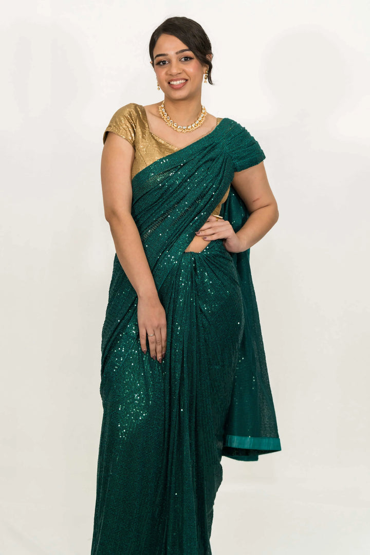 Embroidered Sequins Green Saree (Outside Ontario) - MyEthnikRentals