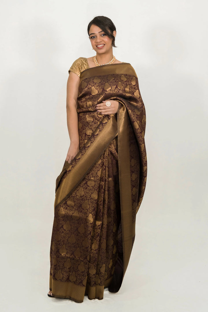 Mehendi Brown Weaving Saree - MyEthnikRentals