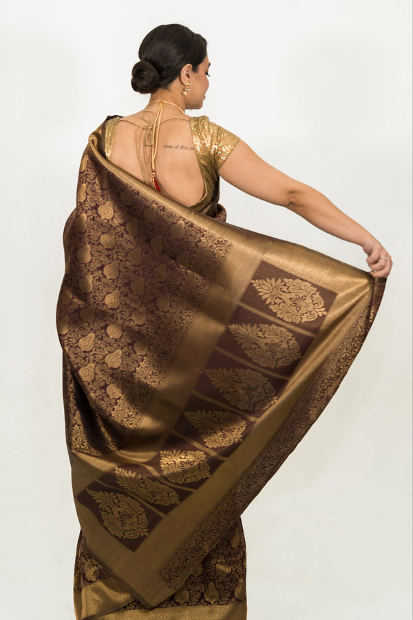 Mehendi Brown Weaving Saree - MyEthnikRentals