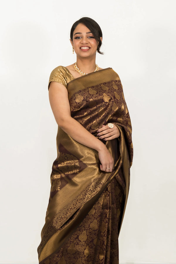 Mehendi Brown Weaving Saree - MyEthnikRentals