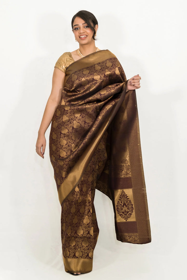 Mehendi Brown Weaving Saree - MyEthnikRentals