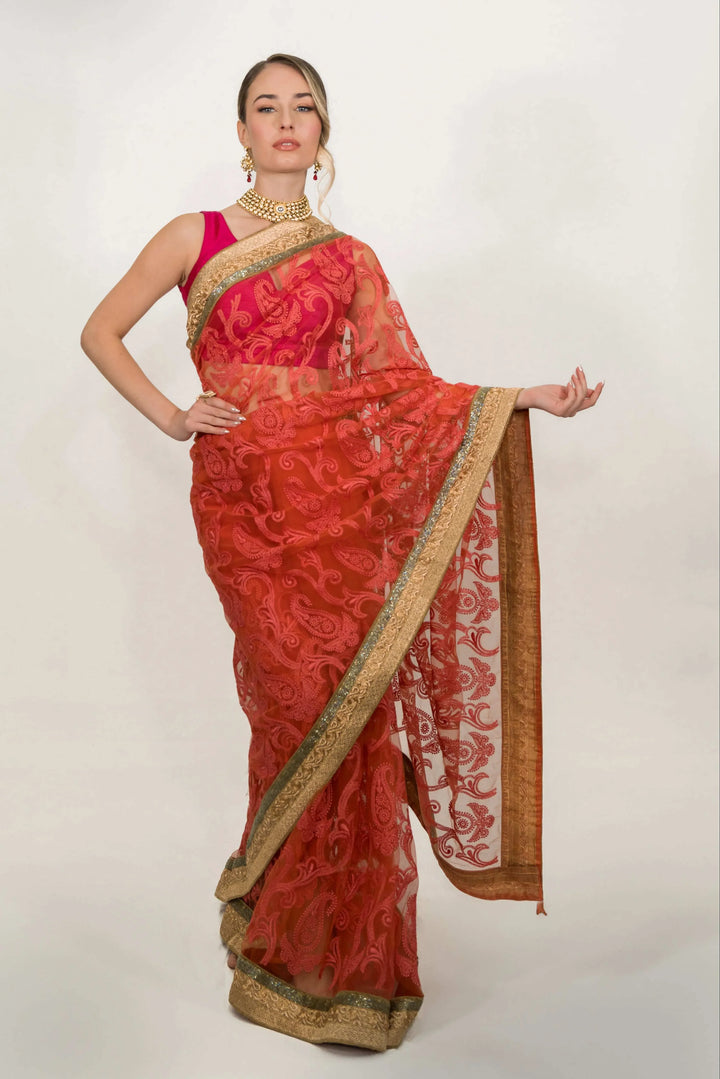 Pink Floral Embroidered Net Saree (Outside Ontario) - MyEthnikRentals