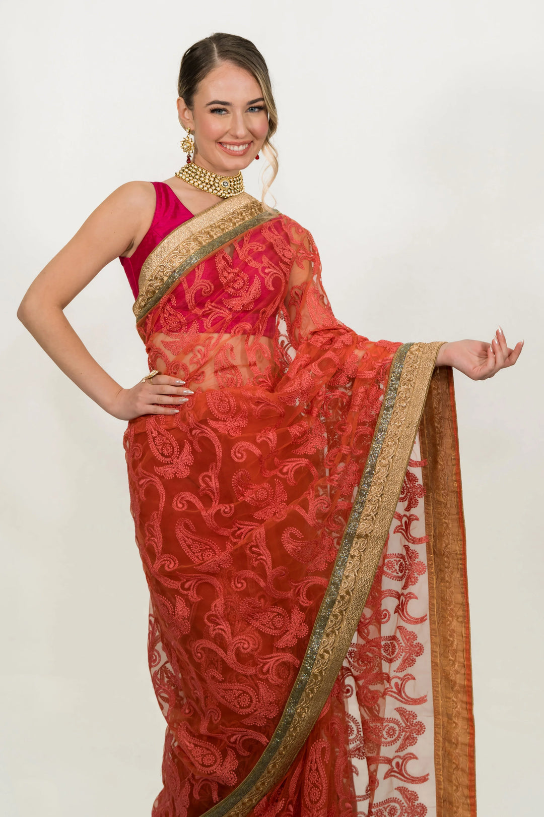 Pink Floral Embroidered Net Saree - MyEthnikRentals