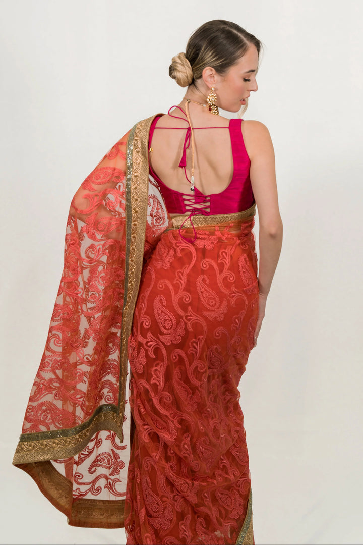 Pink Floral Embroidered Net Saree - MyEthnikRentals