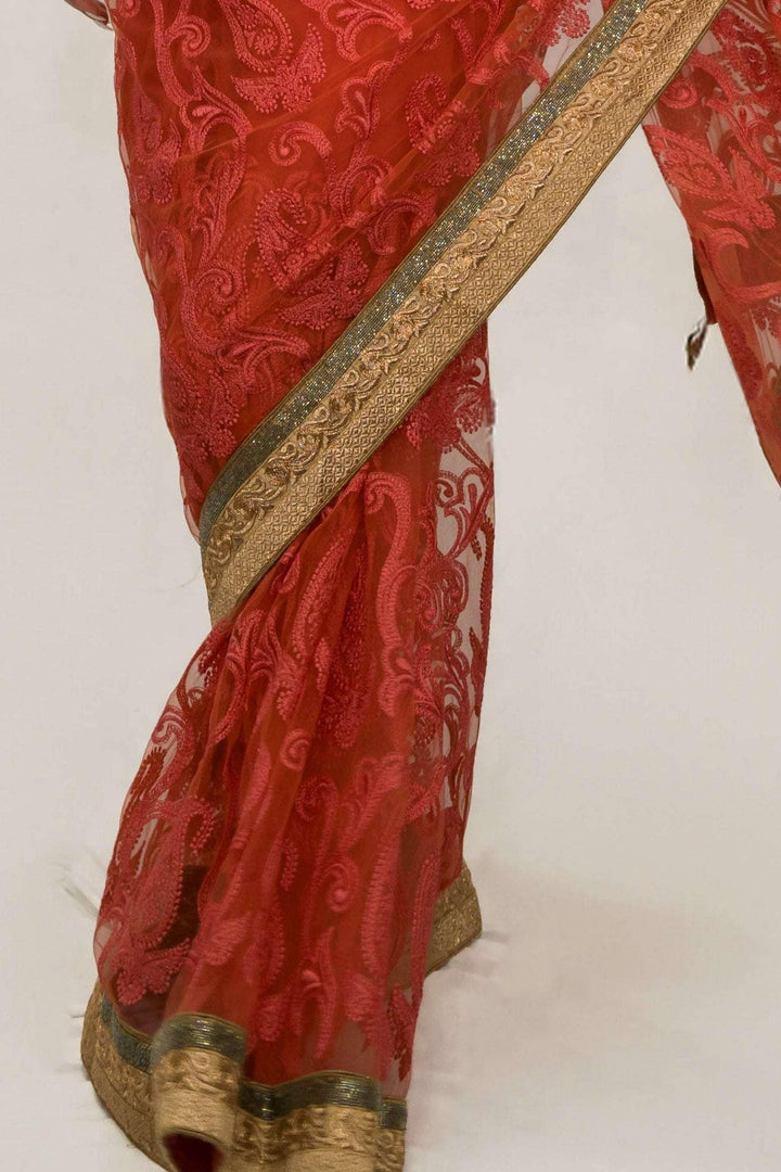 Pink Floral Embroidered Net Saree (Outside Ontario) - MyEthnikRentals