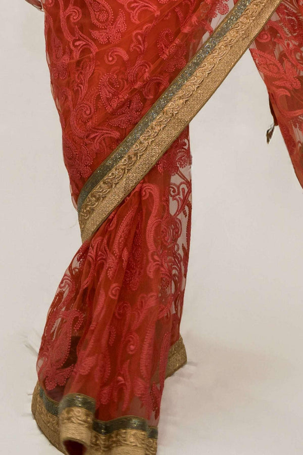 Pink Floral Embroidered Net Saree (Outside Ontario) - MyEthnikRentals