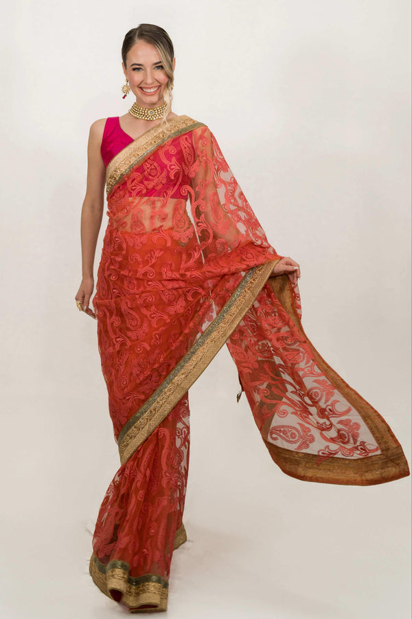 Pink Floral Embroidered Net Saree (Outside Ontario) - MyEthnikRentals
