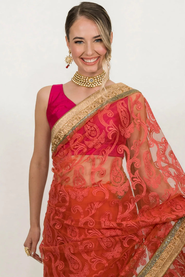 Pink Floral Embroidered Net Saree - MyEthnikRentals