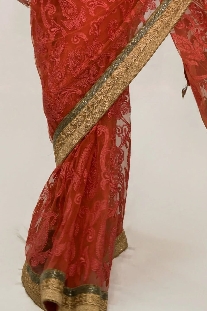 Pink Floral Embroidered Net Saree - MyEthnikRentals