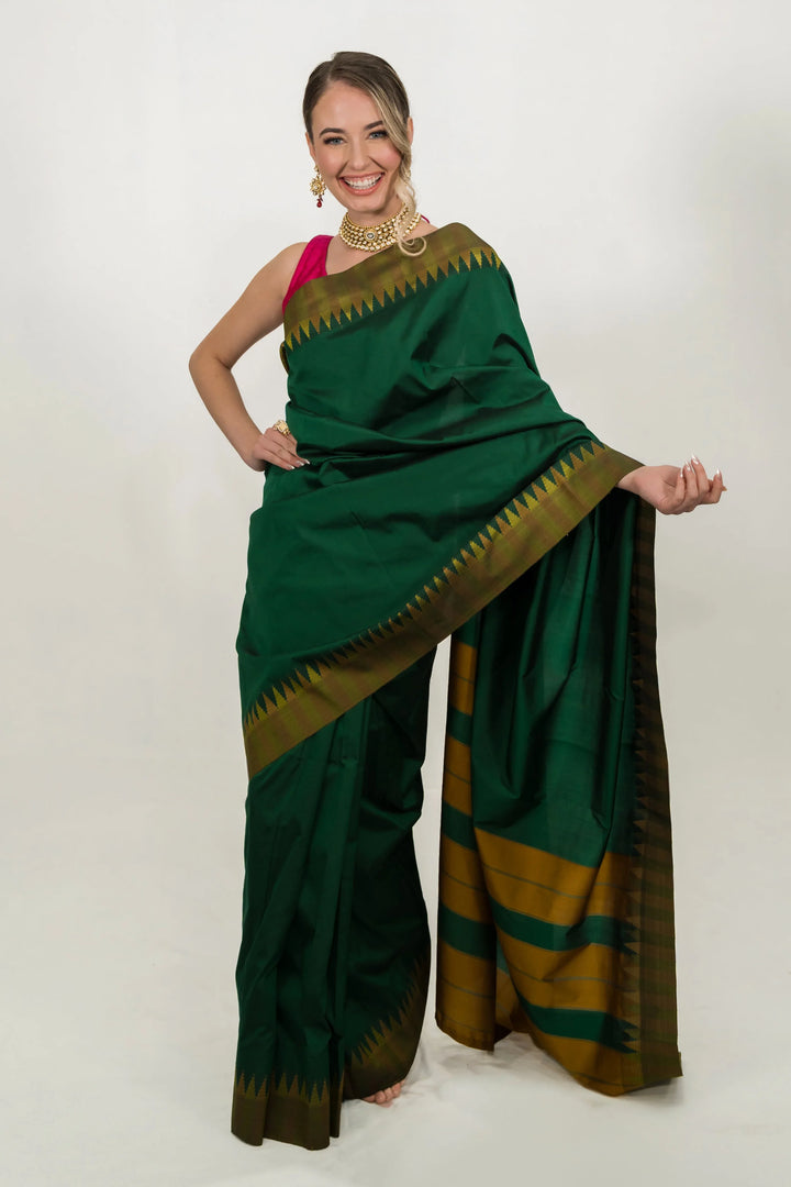 Forest Green Striped Saree - MyEthnikRentals